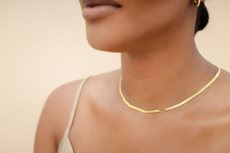 Yellow Flat Herringbone Gold Chain Necklace